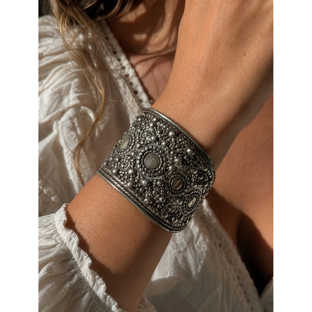 Vintage Silver Cuff Bracelet Wide Boho Bracelet Ornate Open Cuff Bangle